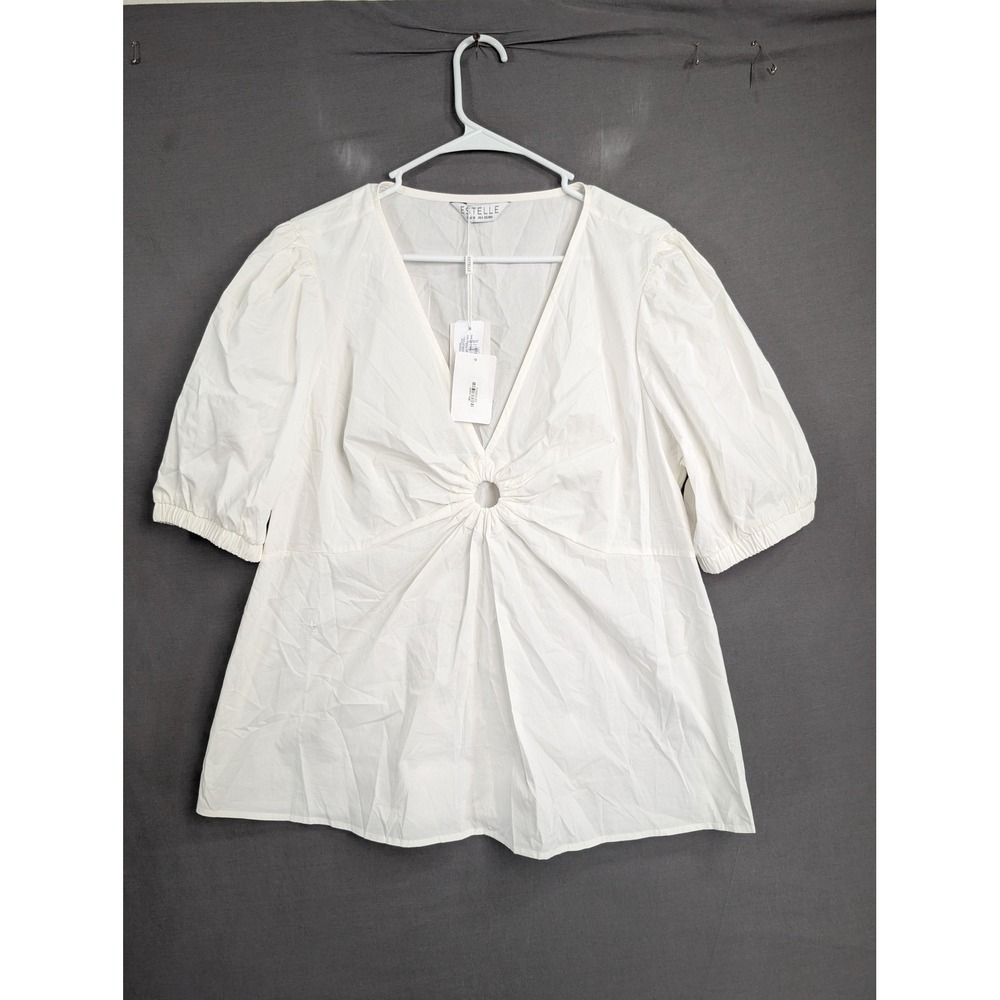Estelle White V-Neck Puff Sleeve Ring Front Top 2X/18W New